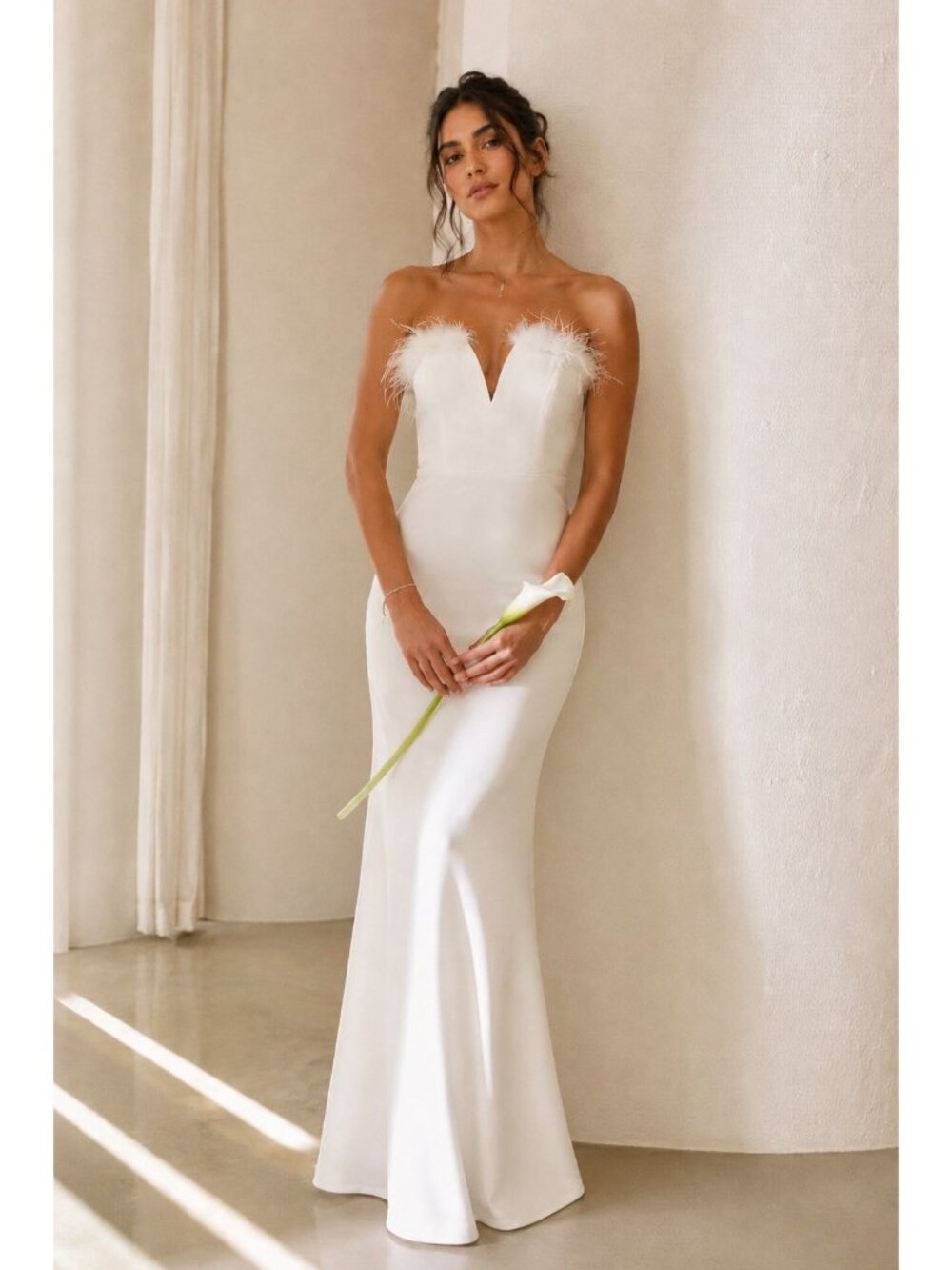 Lulus Extraordinary Glam Maxi Dress Sz S White Feather Strapless Mermaid Wedding